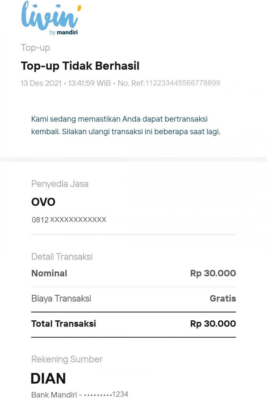 Kesalahan dan Kendala Melakukan Top Up Melalui Mandiri Online